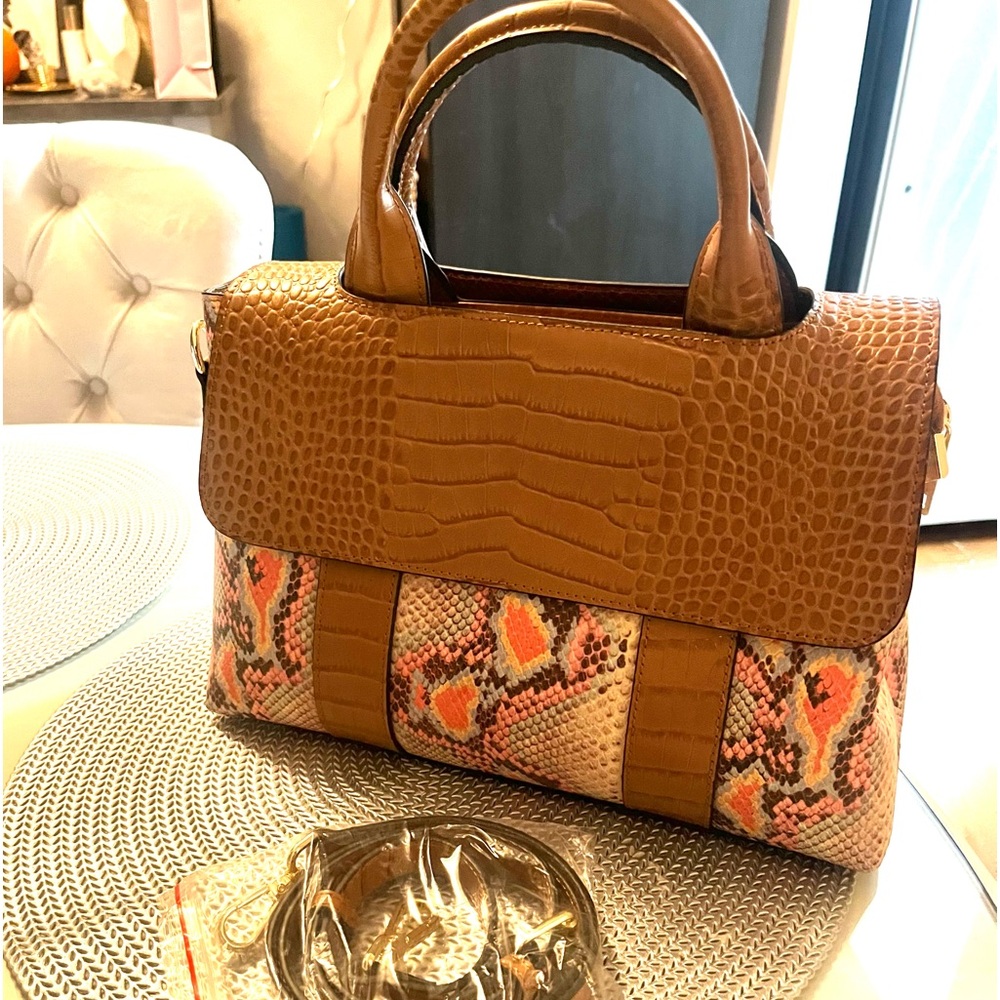 Alinari Firenze Leather Purse Bag Satchel Top Handle Snakeskin Cognac Pi…